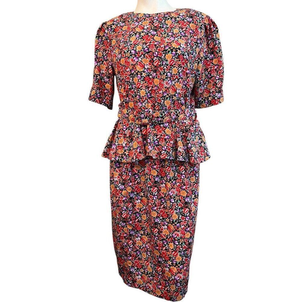 LENI LENI Large Belted Peplem Top And Skirt Set Bright Colors Floral USA Vintage